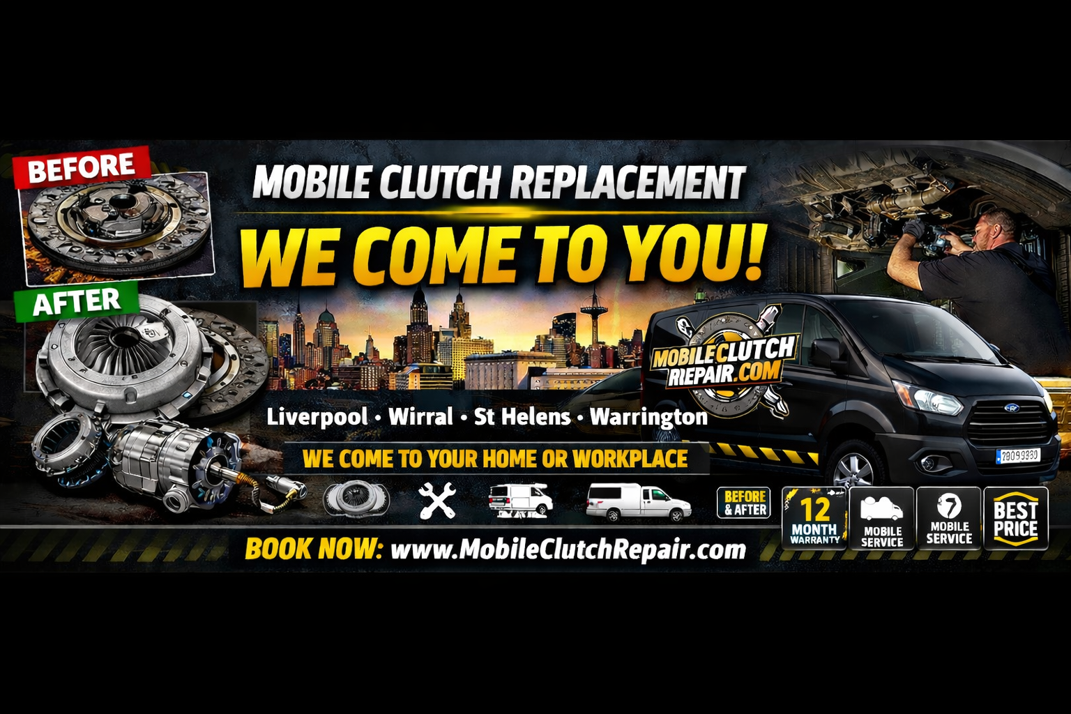 Mobile Clutch Repair banner showing mobile clutch replacement service across Liverpool, Wirral, St Helens and Warrington