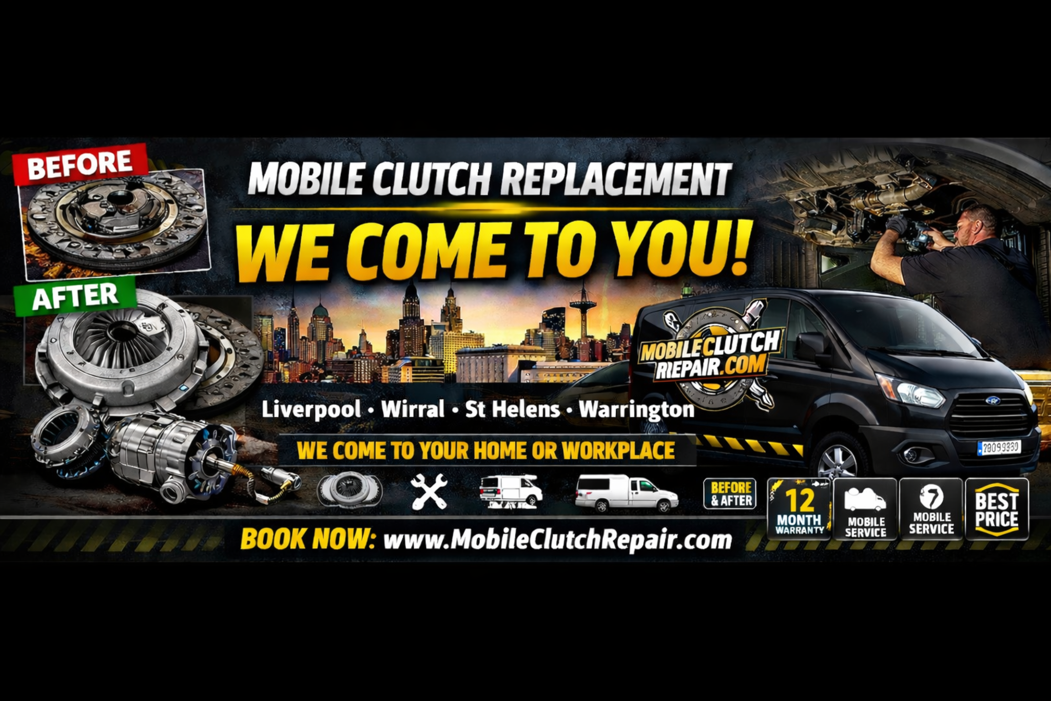Mobile Clutch Repair banner showing mobile clutch replacement service across Liverpool, Wirral, St Helens and Warrington